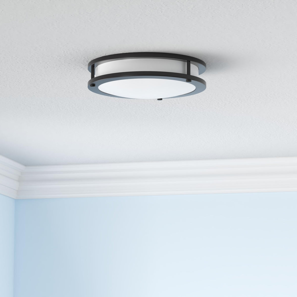 Hykolity flush-mount LED ceiling light, diffuser closeup, even lighting across bathrooms.