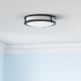 Hykolity flush-mount LED ceiling light, diffuser closeup, even lighting across bathrooms.