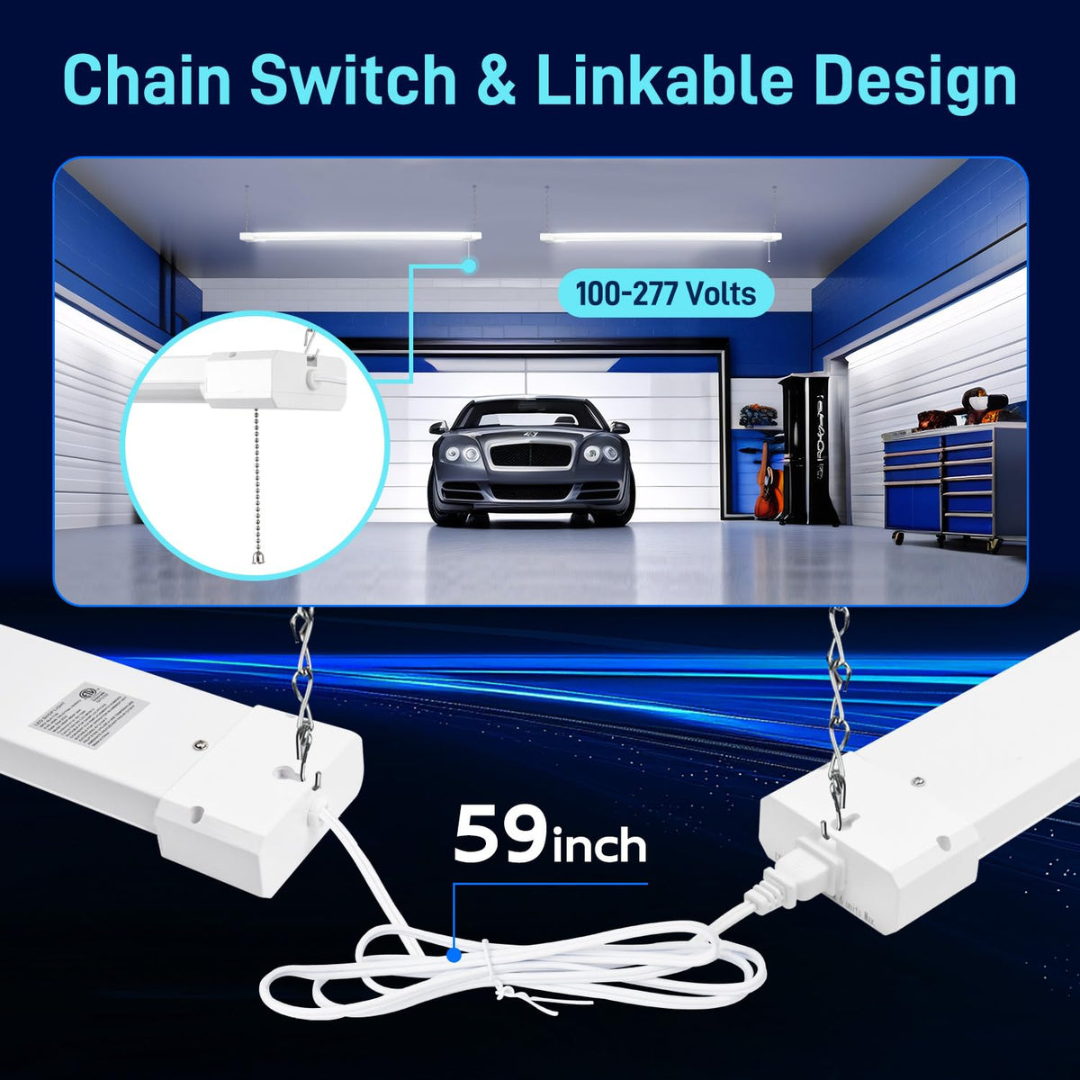 Hykolity LED shop light with 59-inch cord for quick plug-and-play setup.