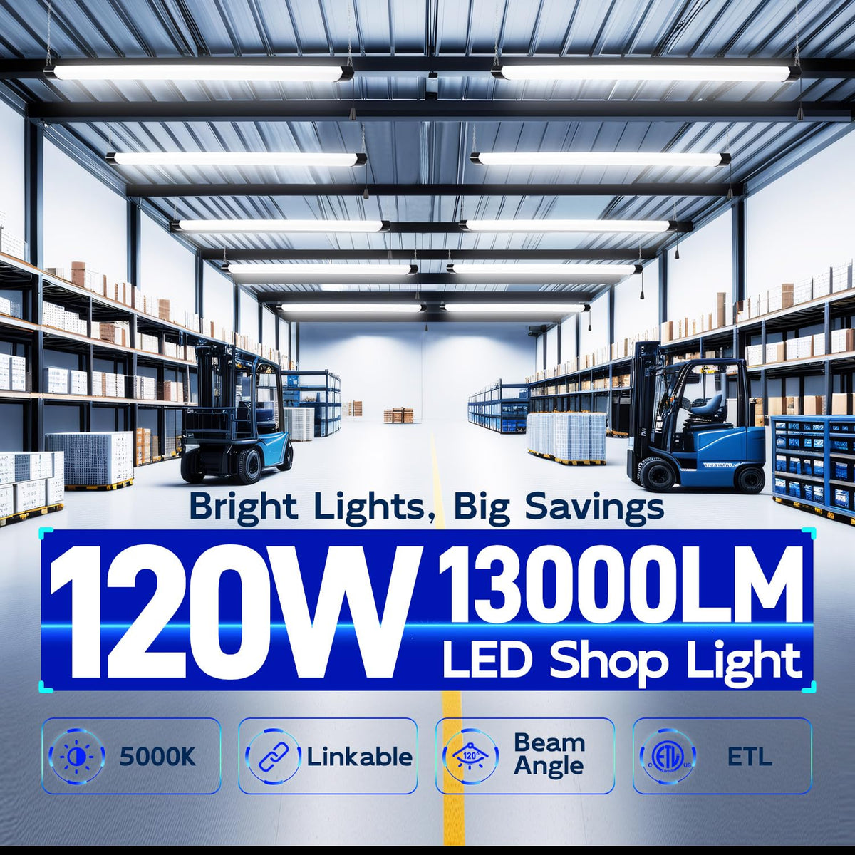 Hykolity linkable shop light shown connected in a long run.