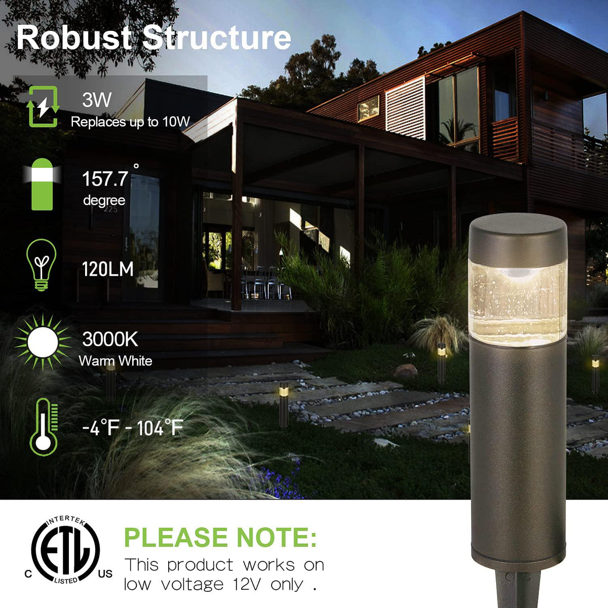 Hykolity low-voltage light bollard round pathway night installed shows even illumination for gardens.