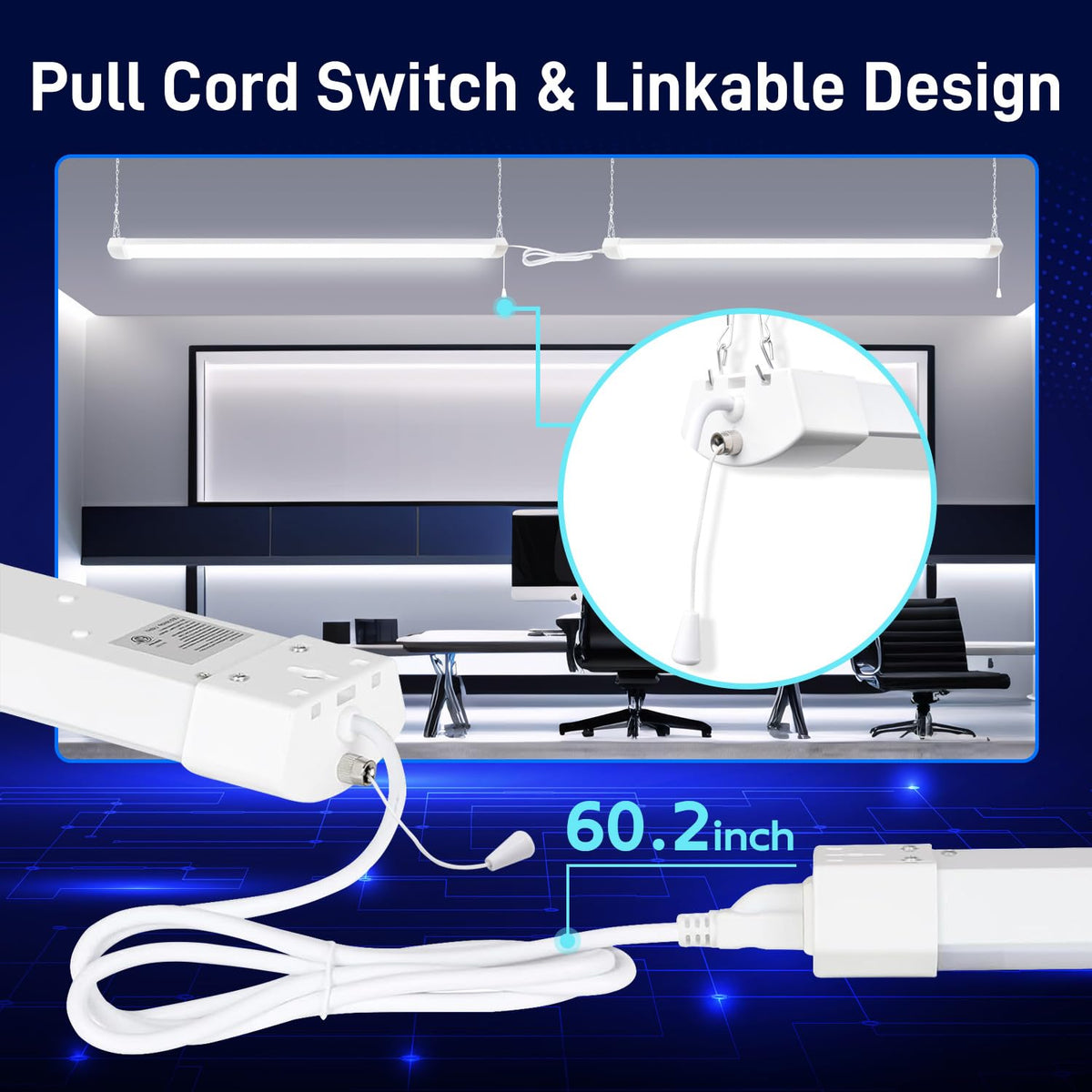 Hykolity pull-chain on/off provides quick control during projects.