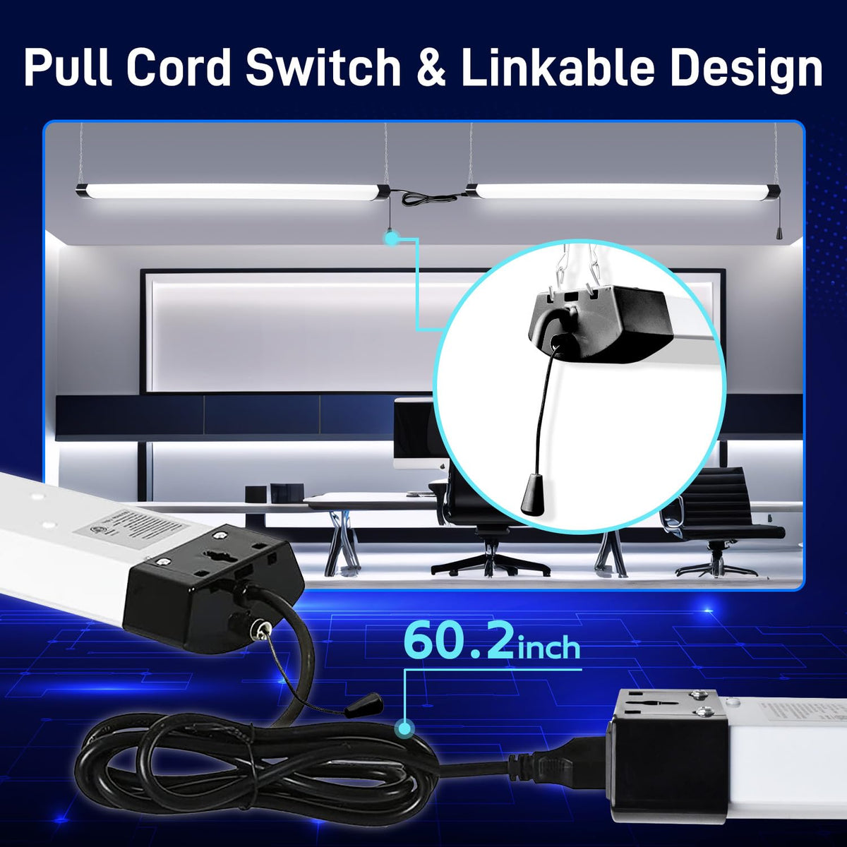 Hykolity shop light with power cord and pull chain for quick on/off control.