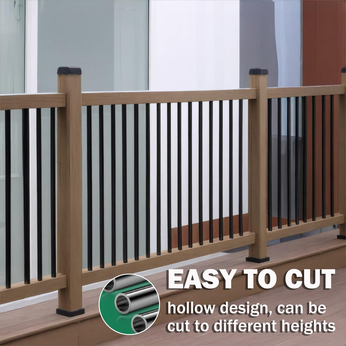 Hypergiant slope balusters connectors enabling fast installation on angled stairs.