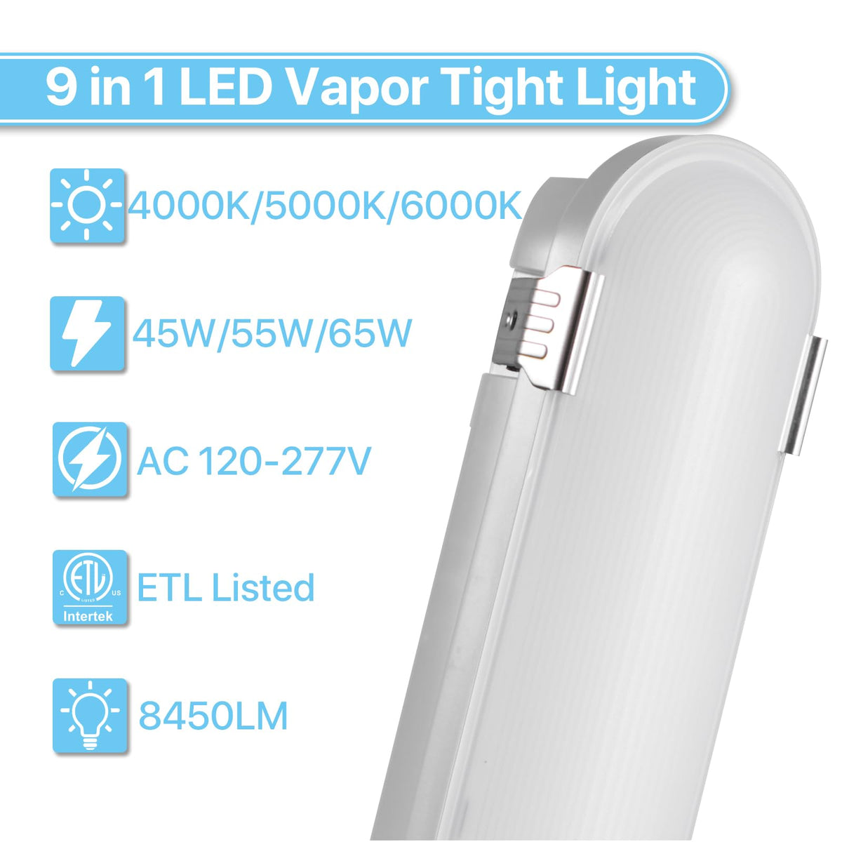 Hyperlite 65W vapor light with selectable wattage for flexible brightness in garages.