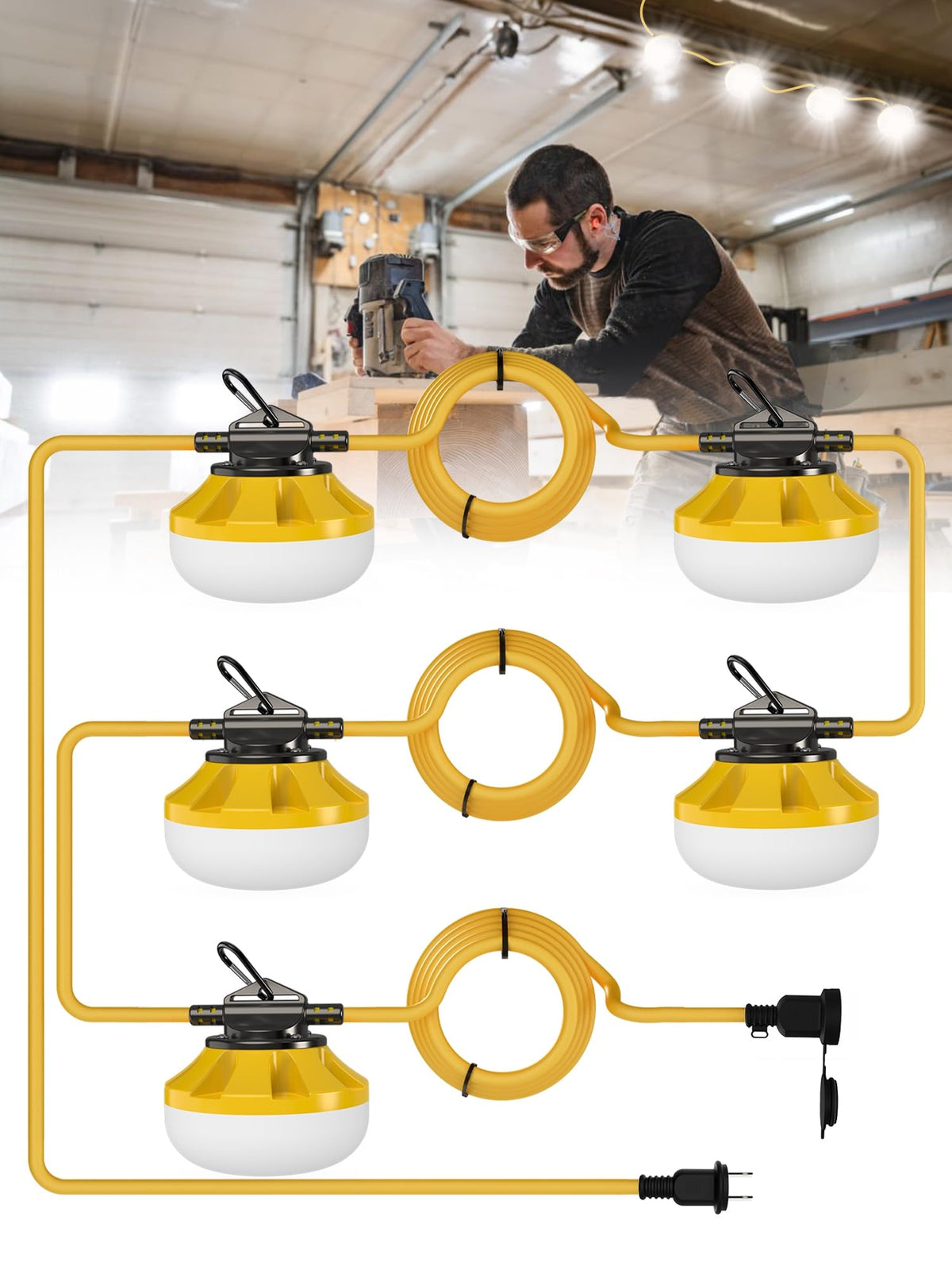 HYPERLITE construction string lights glow along a 50ft run with five bulbs for clear work area illumination.