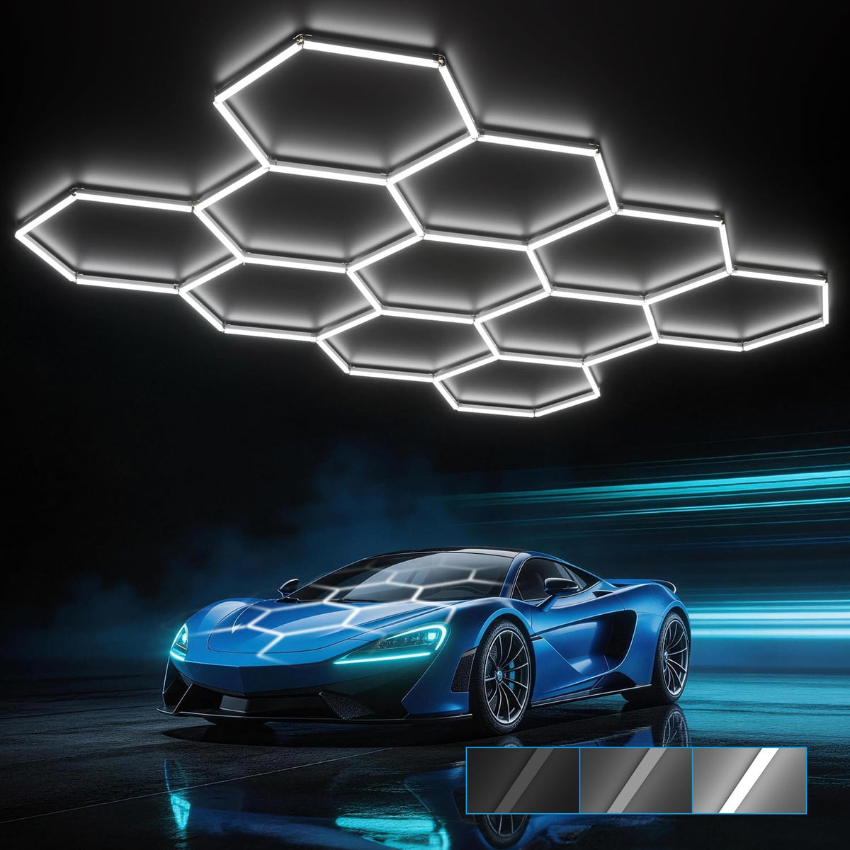 HYPERLITE Gen 2 hexagon light front view boosts garage brightness and clarity