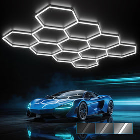 HYPERLITE Gen 2 hexagon light front view boosts garage brightness and clarity
