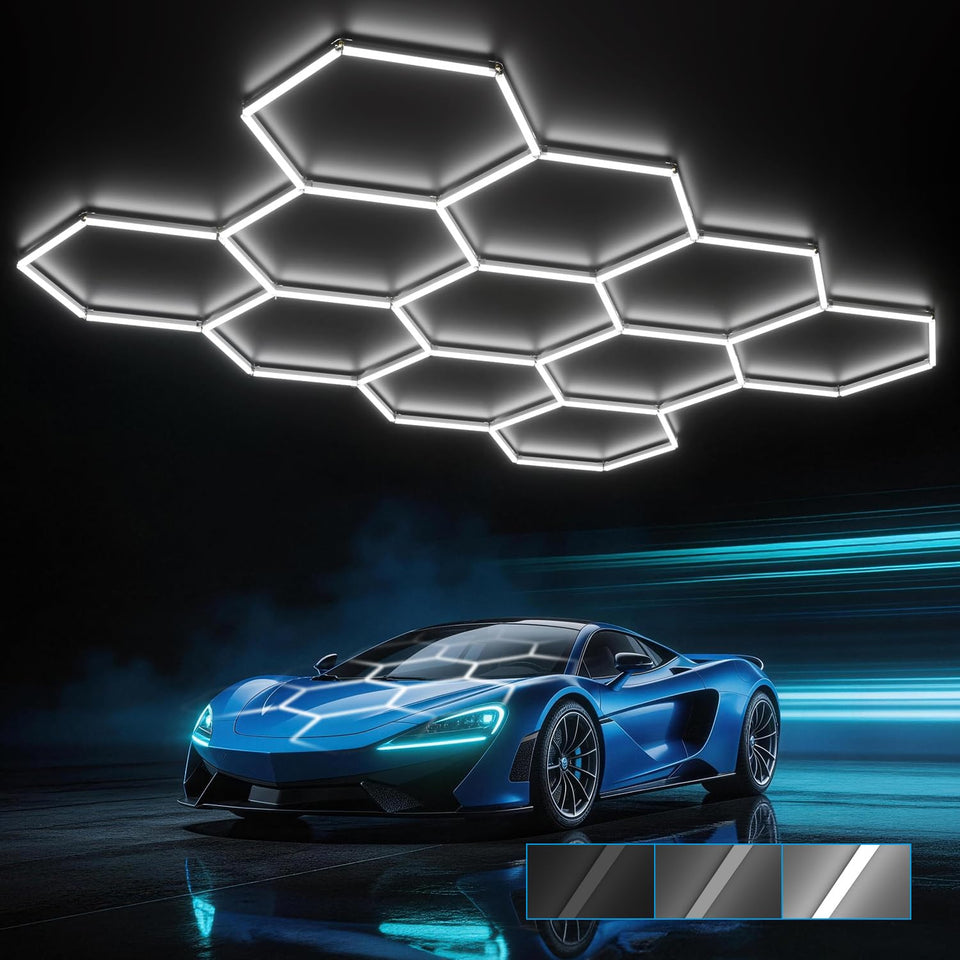 HYPERLITE Gen 2 hexagon light front view boosts garage brightness and clarity