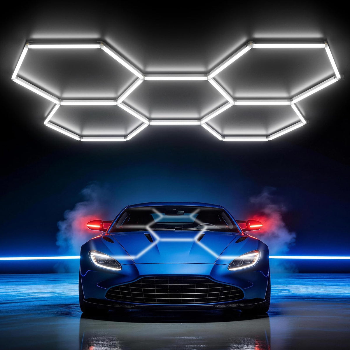 Hyperlite Gen II hexagon light front view for ultra-bright garage illumination