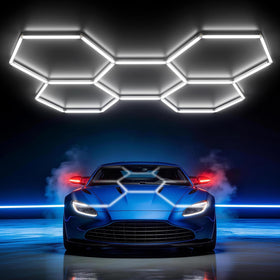 Hyperlite Gen II hexagon light front view for ultra-bright garage illumination