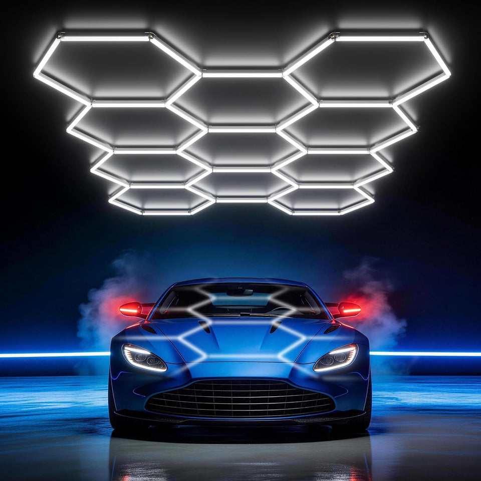 Hyperlite Gen II hexagon light front view highlights even coverage for garages