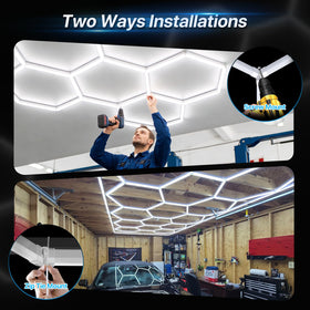 HYPERLITE Gen II hexagon light in garage delivers clear task lighting