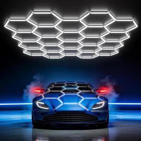 HYPERLITE Gen II hexagon light panel brightens a garage with even illumination