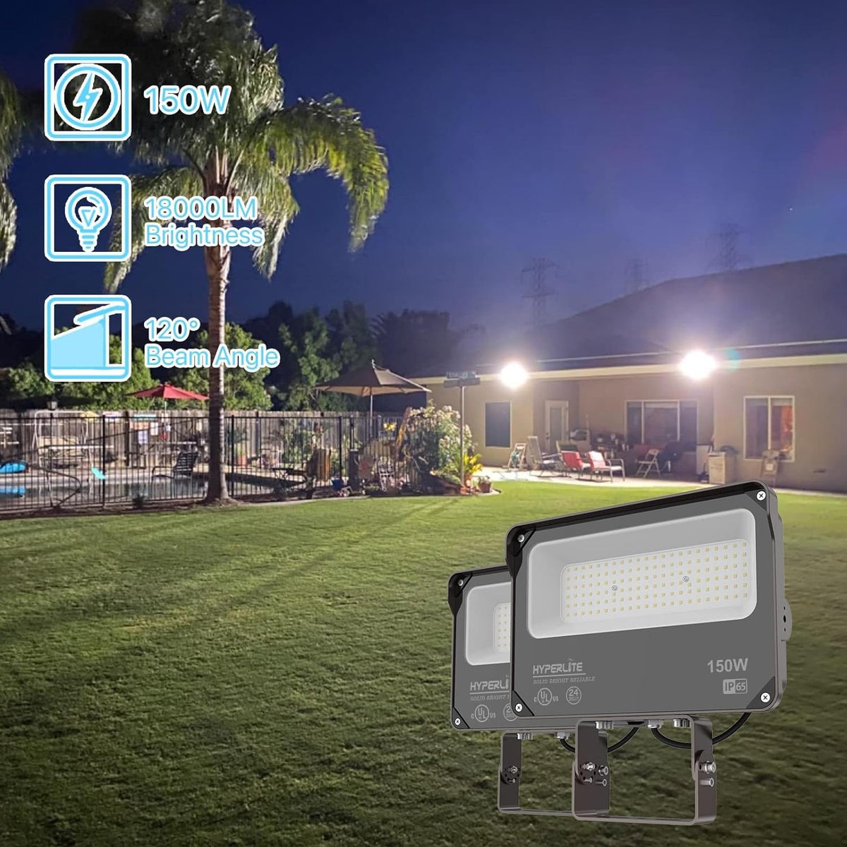HYPERLITE 150W outdoor flood light ready for utility setups