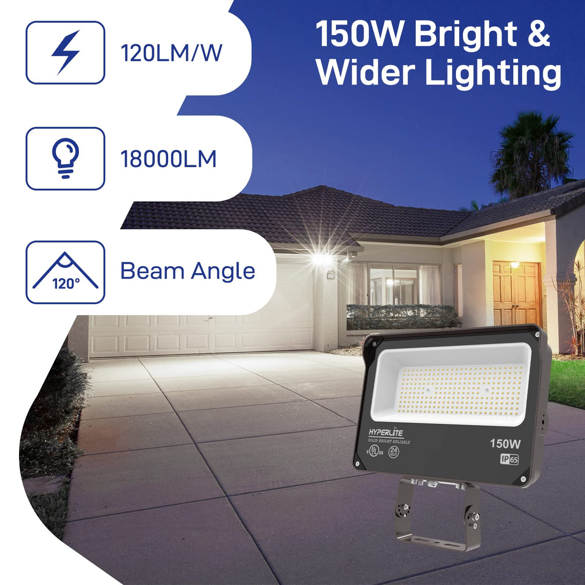 HYPERLITE LED flood light 150W side angle highlights wide beam coverage