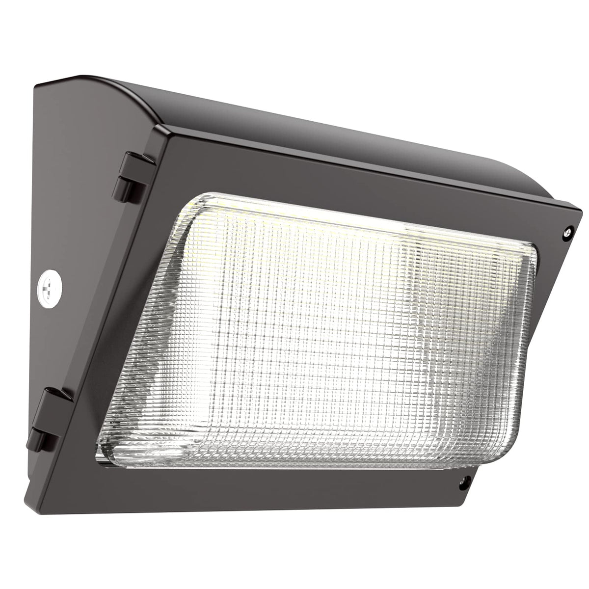 Hyperlite 120W LED wall pack with glass lens delivering glare-free outdoor illumination.