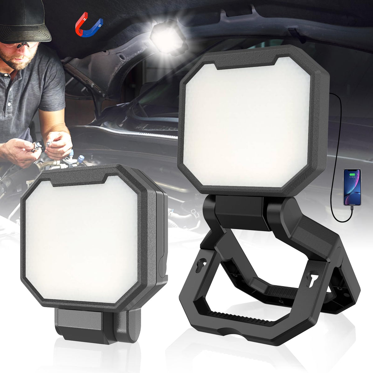 Hyperlite rechargeable work light 2-pack front view, bright 2000lm per lamp for garages