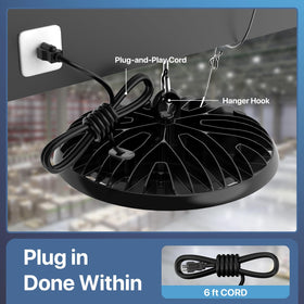 Hyperlite UFO LED high bay light electrical cord shows easy 6ft plug-in option