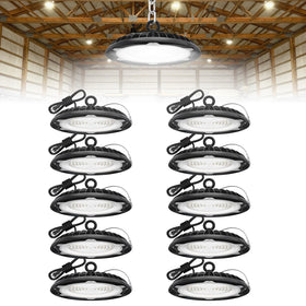 Hyperlite UFO LED high bay light front view showing bright, even warehouse illumination