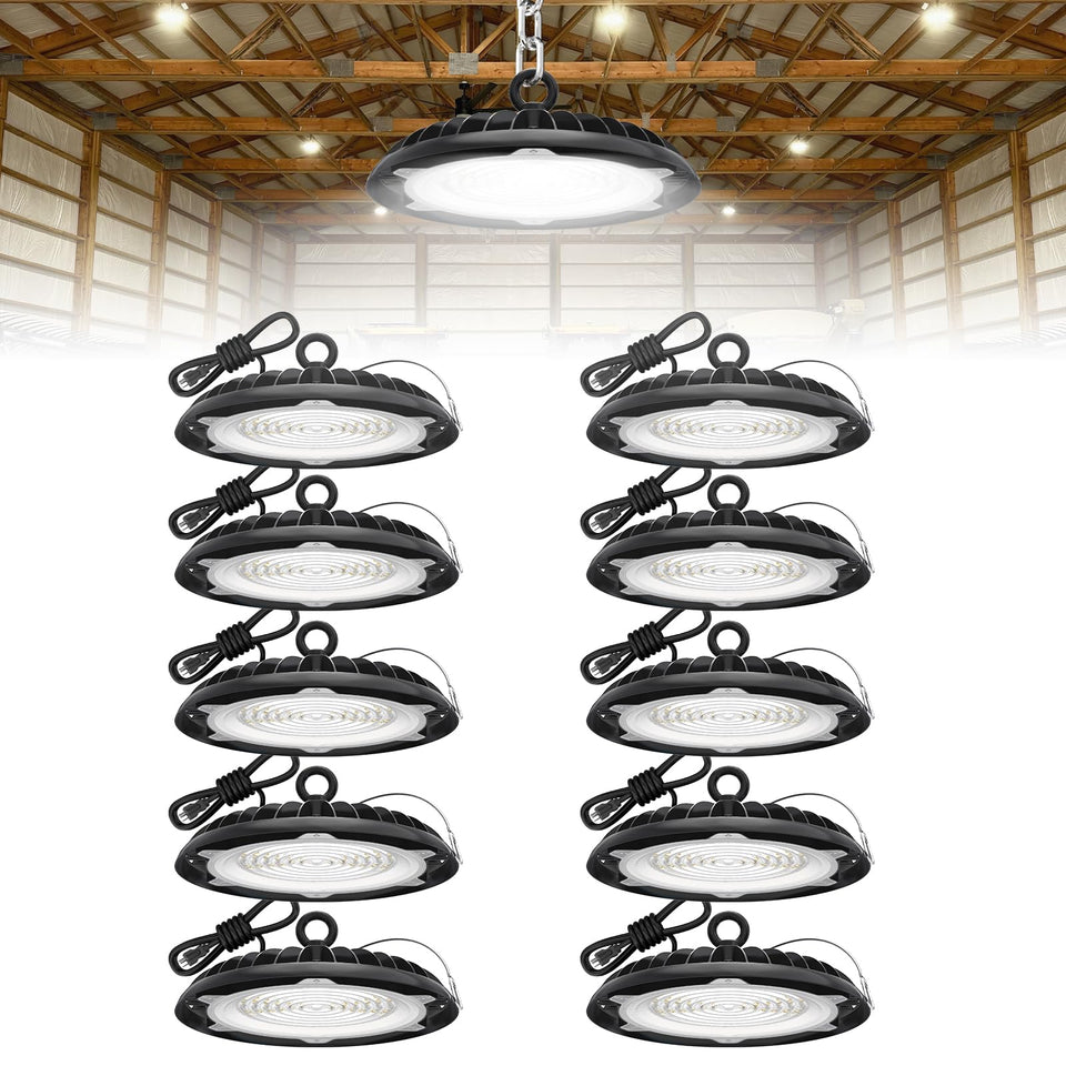 Hyperlite UFO LED high bay light front view showing bright, even warehouse illumination