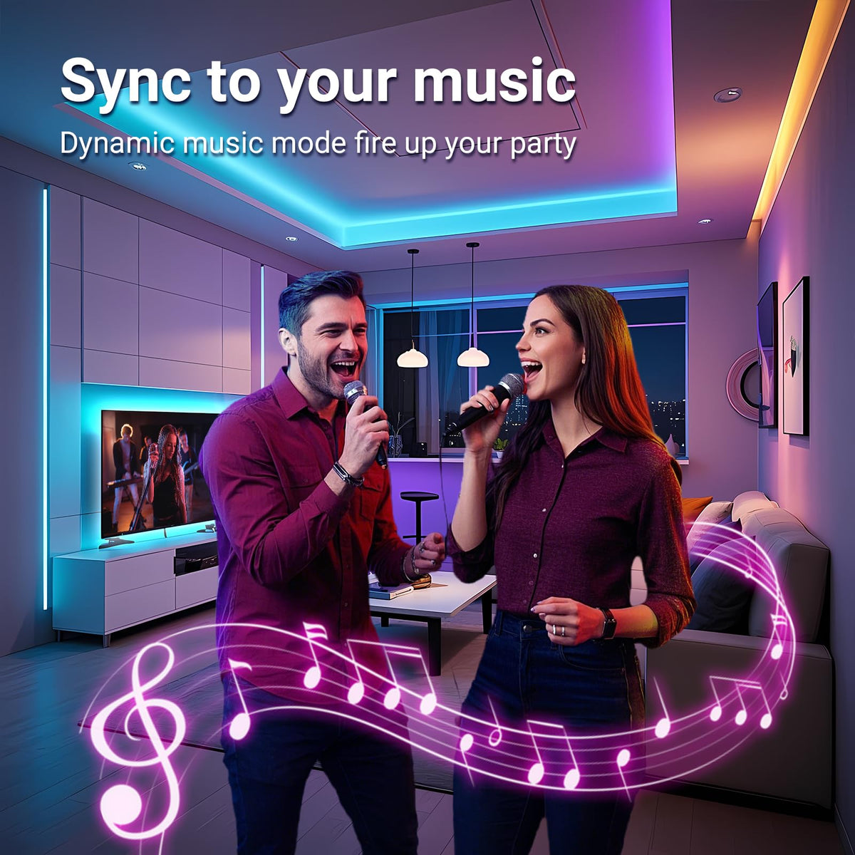 hyrion LED strip shown with Alexa and Google for voice control.