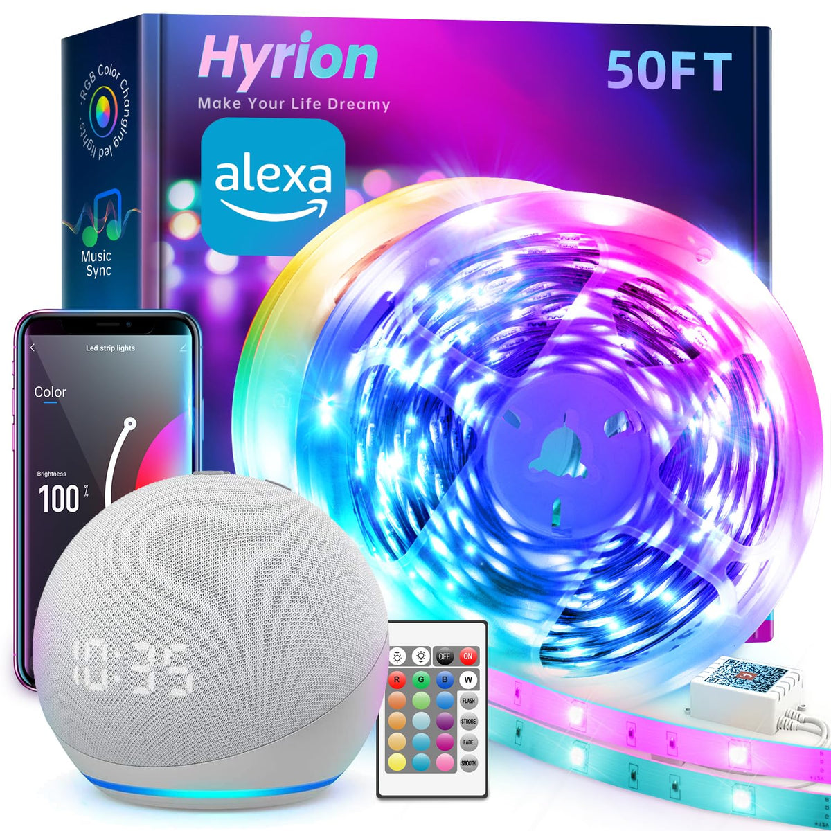 hyrion Smart LED Strip 50ft with WiFi for easy, vibrant room ambience.