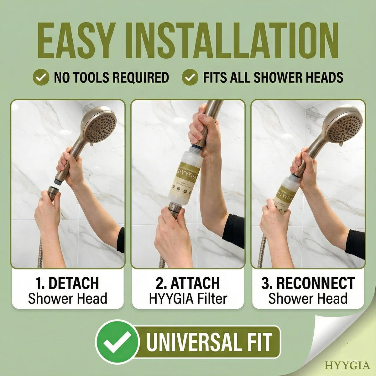 HYYGIA twist-on installation for tool-free setup on standard showers.