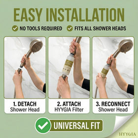 HYYGIA twist-on installation for tool-free setup on standard showers.