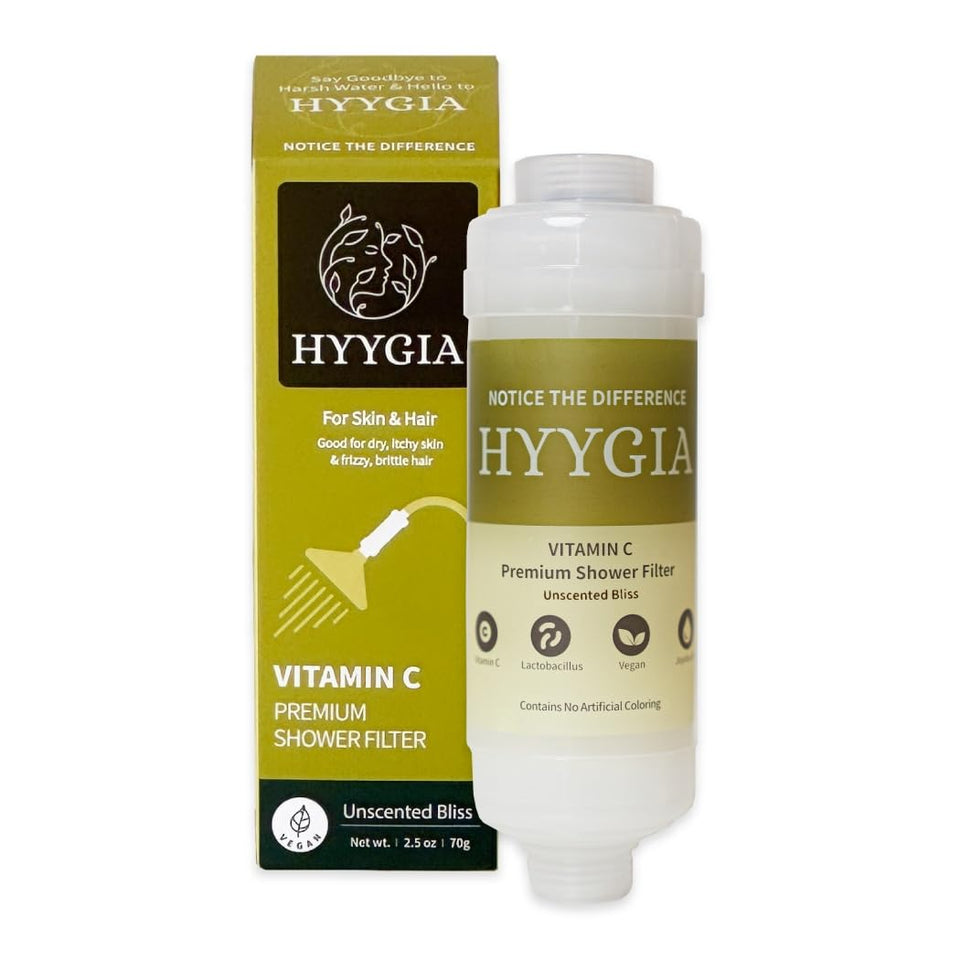 HYYGIA Vitamin C shower filter neutralizes chlorine for healthier skin and hair.