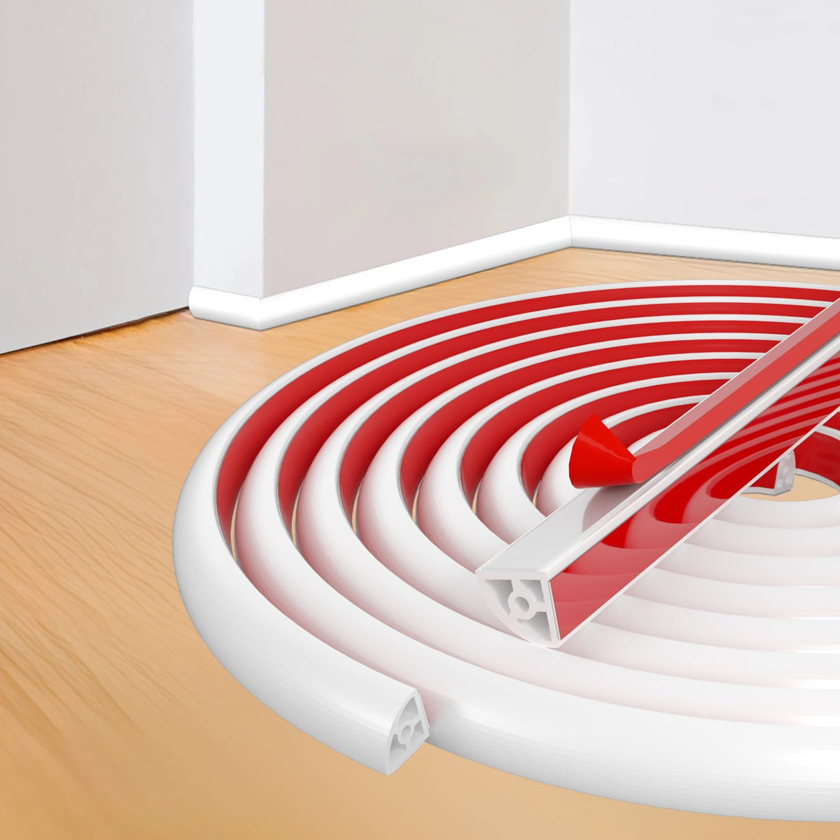 Hzetuu flexible quarter-round molding on wall for quick edge finishing and polish.