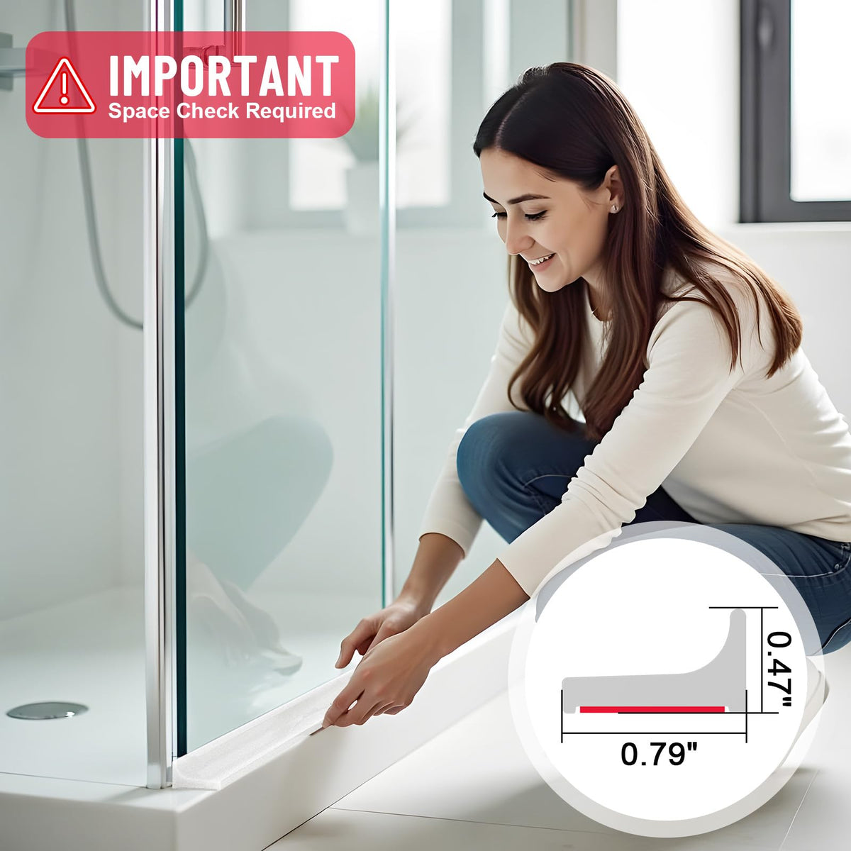 Hzetuu shower threshold water dam guard neutral color blends with bathroom decor.