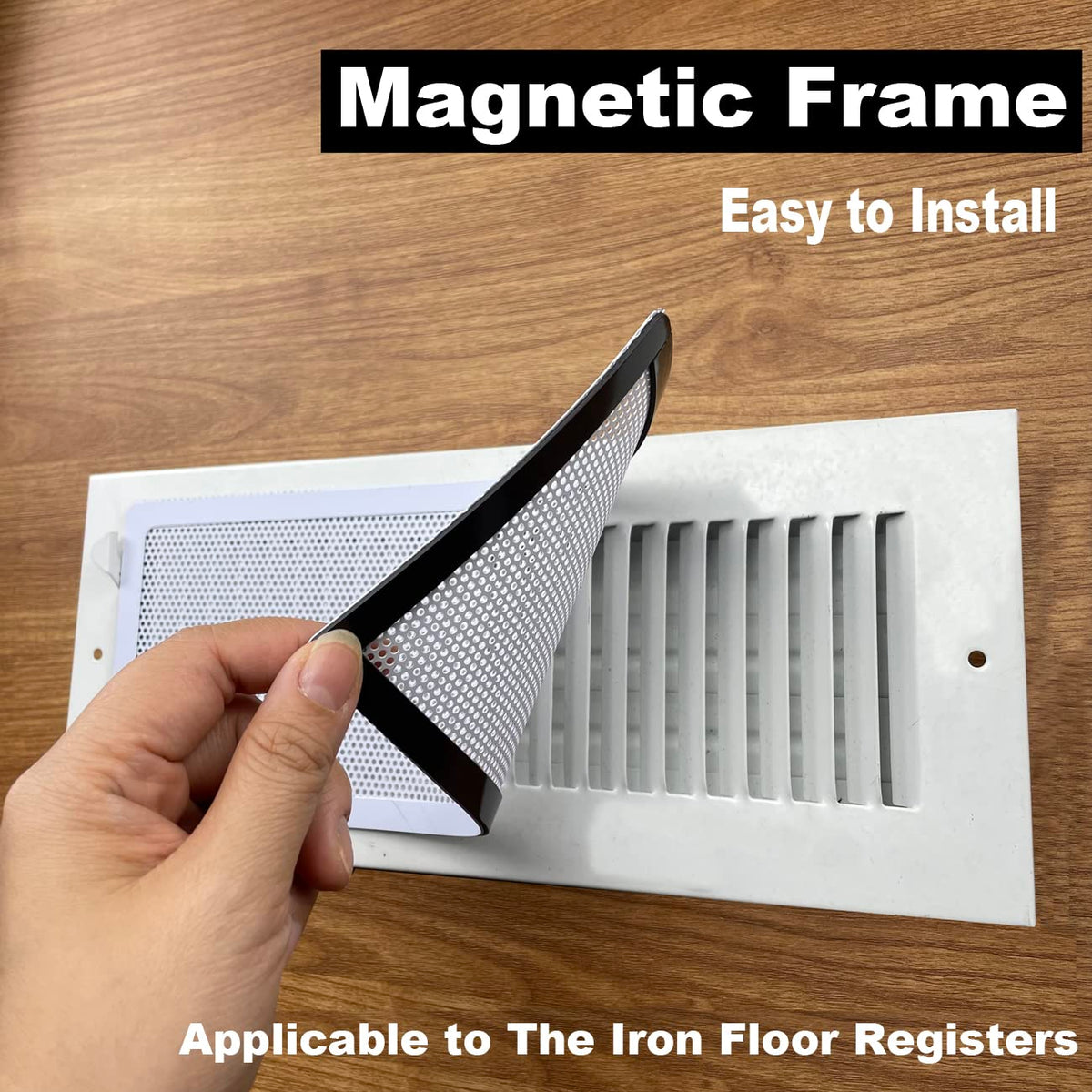i frmmy magnetic frame close-up showing secure hold on metal floor registers