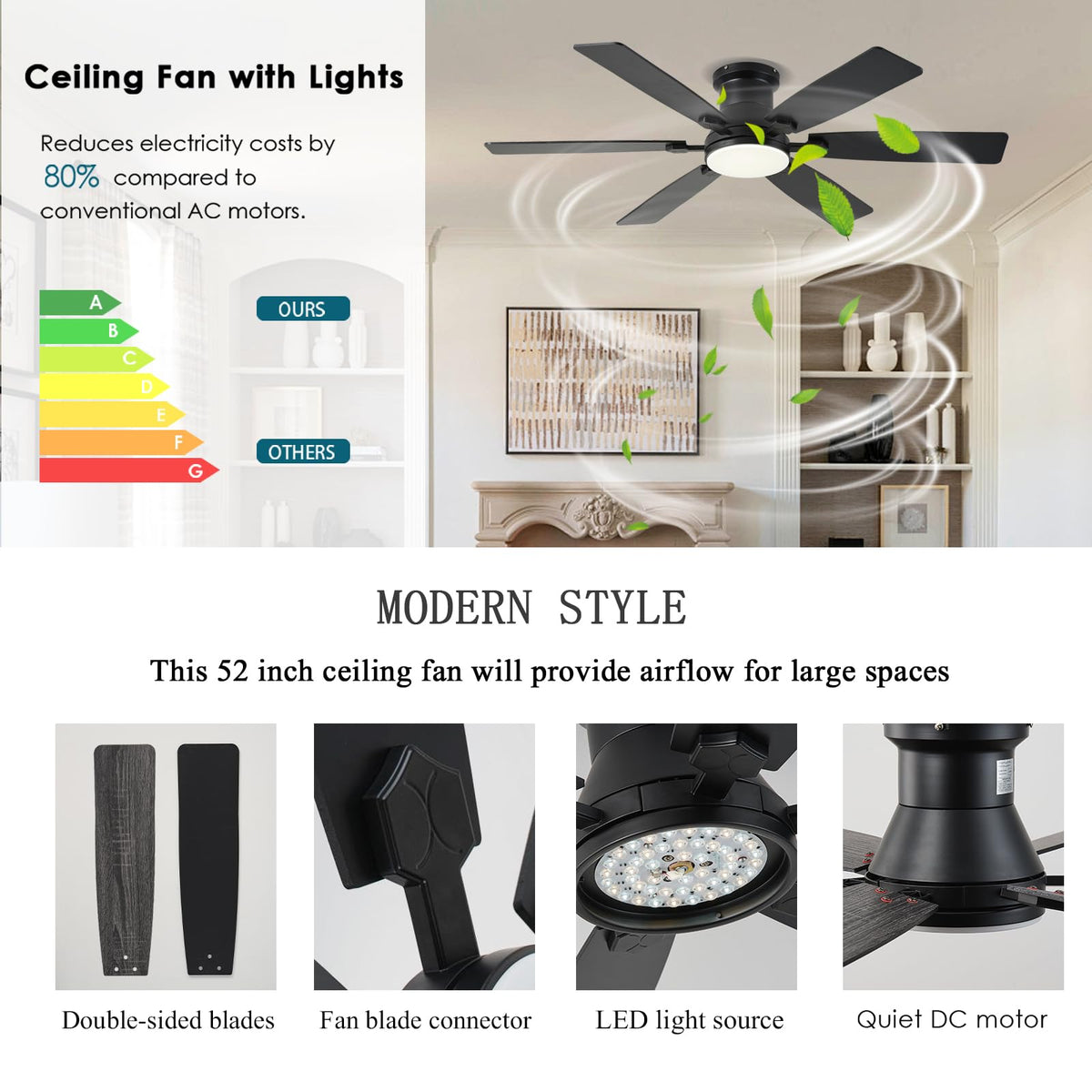iacaf 52-inch black 6-blade modern ceiling fan with wood-grain blades for strong airflow