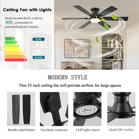 iacaf 52-inch black 6-blade modern ceiling fan with wood-grain blades for strong airflow