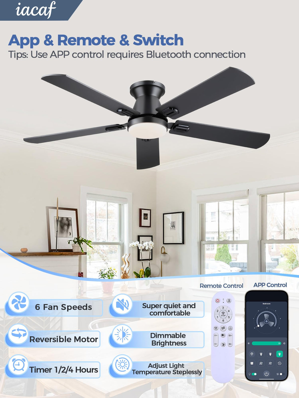 iacaf low-profile ceiling fan 52inch blends with modern decor while cooling quietly.