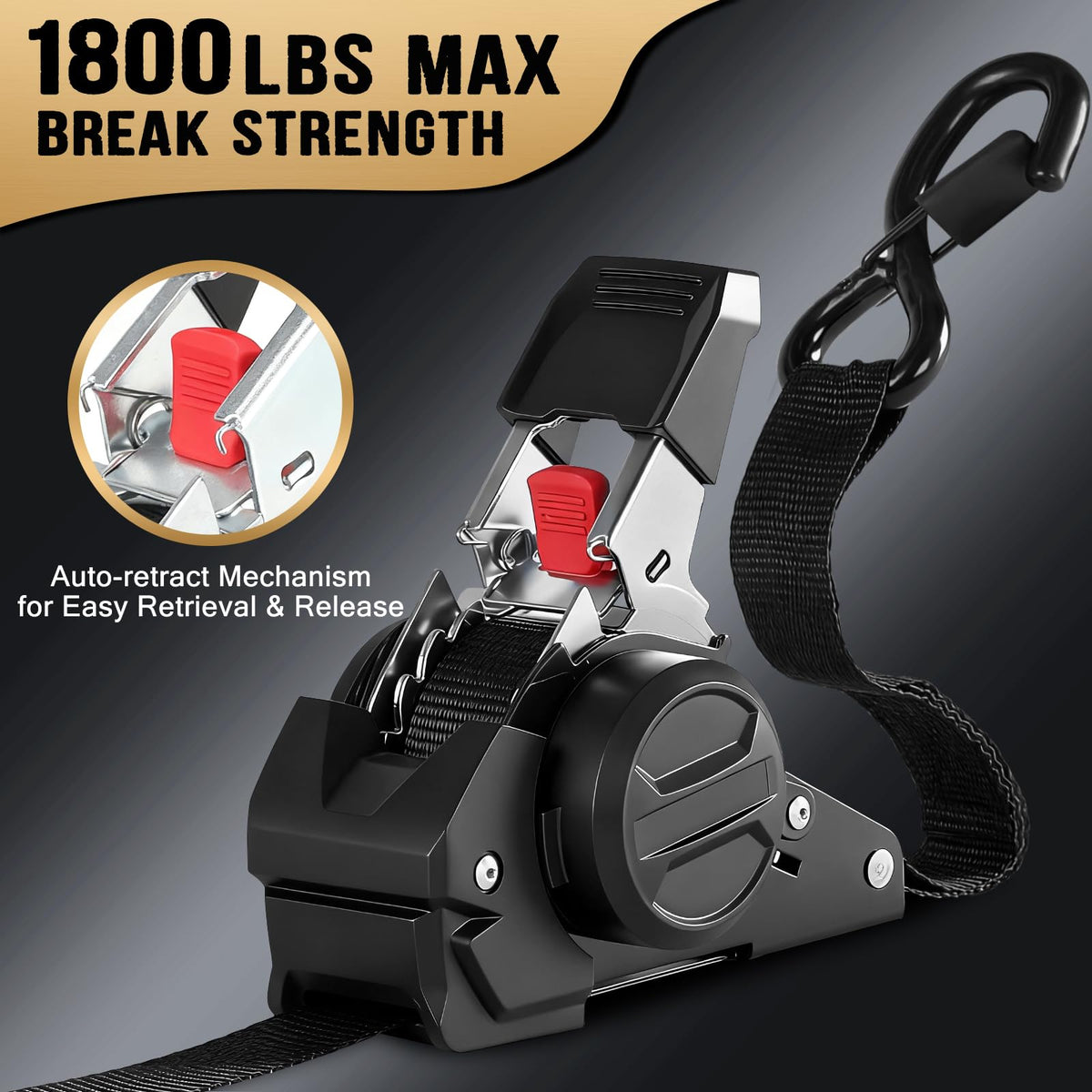 IAZZCO retractable ratchet straps auto-retracting mechanism close-up shows quick tension control.