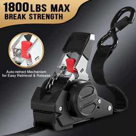 IAZZCO retractable ratchet straps auto-retracting mechanism close-up shows quick tension control.
