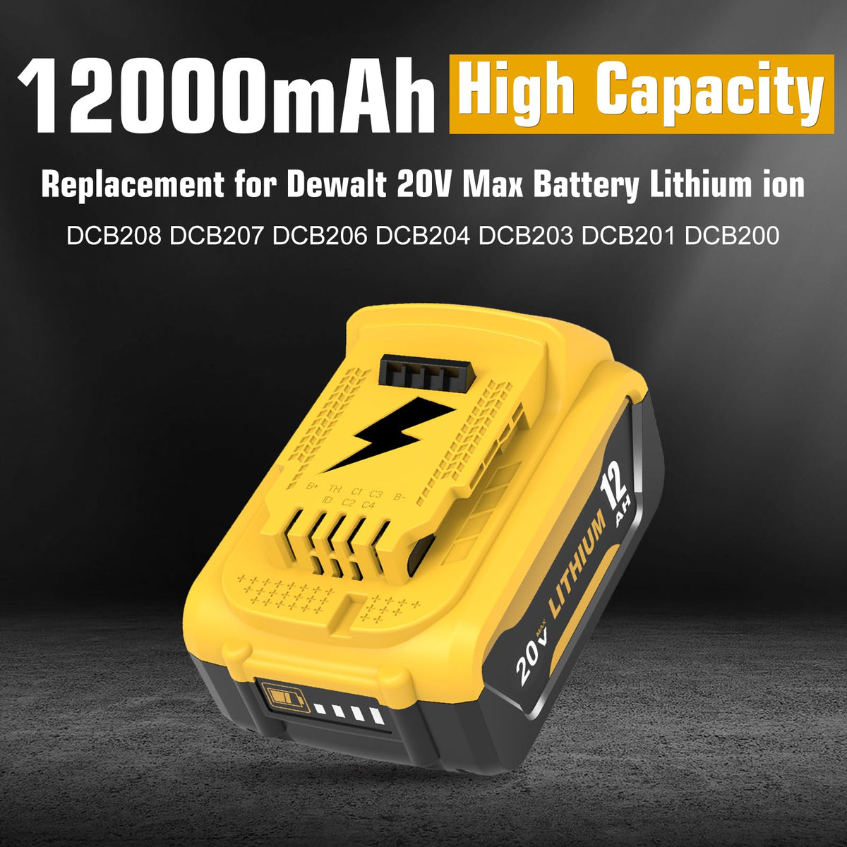 Ibanti DCB208 battery side view demonstrates robust build for heavy-duty use.