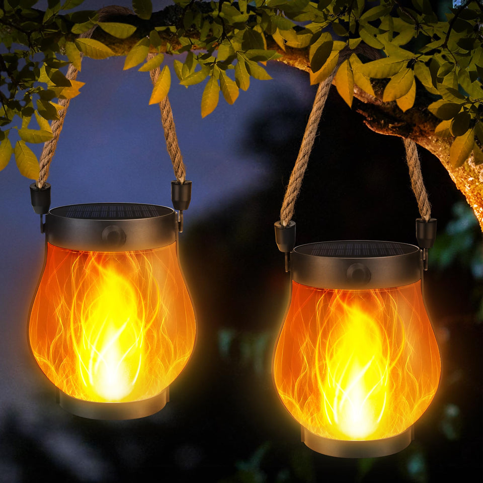 iBaycon Gen2 solar lantern with ultra-real flame on patio for warm ambiance