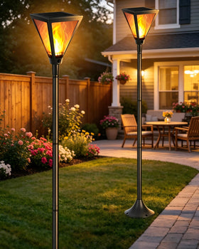 iBaycon solar flame post light 54in setup for elegant outdoor ambience.