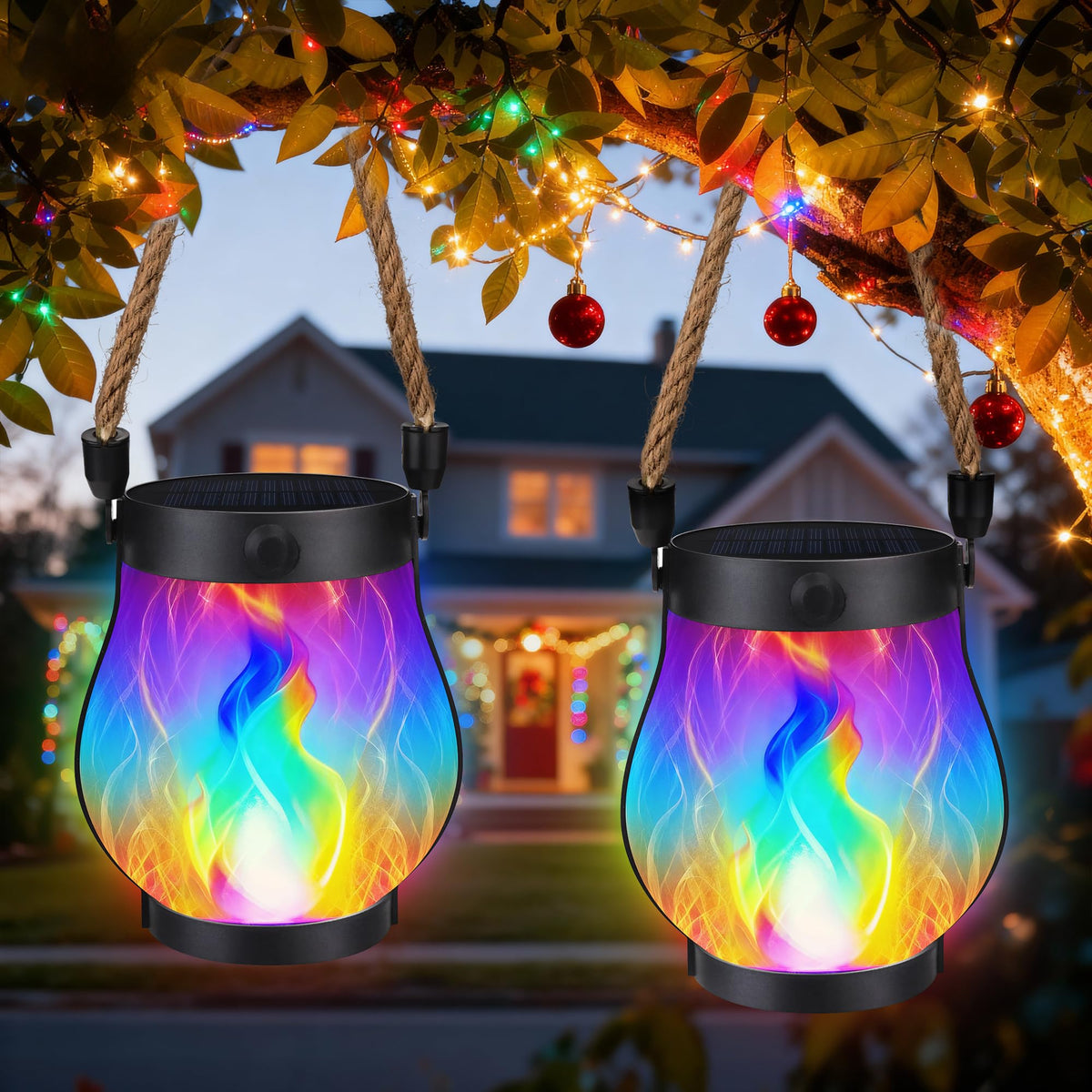 iBaycon solar lantern with dancing flame creates warm outdoor ambiance.