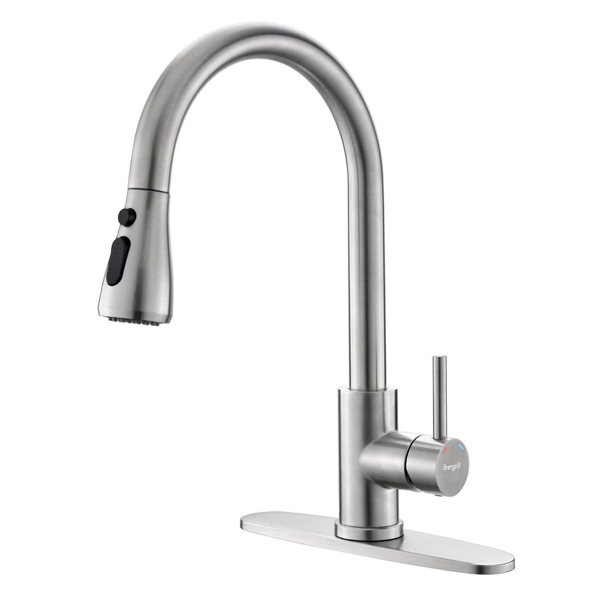 Ibergrif pull-down kitchen faucet in brushed nickel for easy cleaning