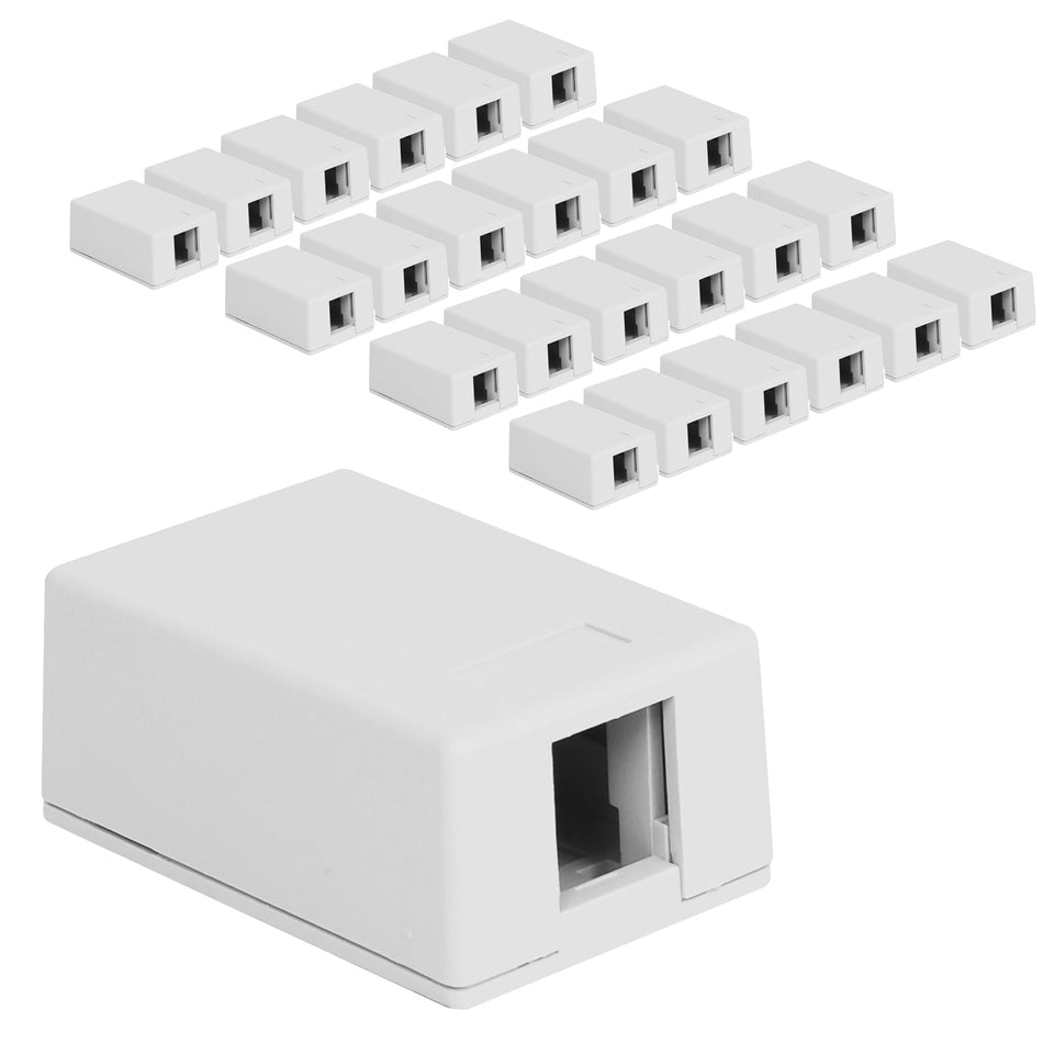 ICC 1-Port Surface Mount Box white front view, ideal for clean voice and data outlet setup