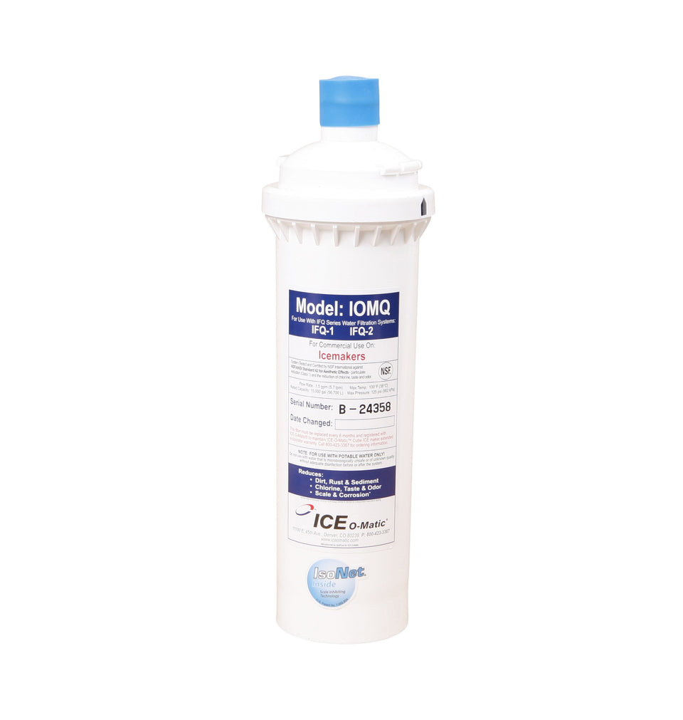 Ice-O-Matic IOMQ replacement cartridge reduces chlorine taste for clearer ice.