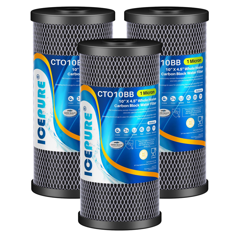 ICEPURE 10x4.5-inch filter cartridge in housing for whole-house filtration.