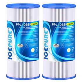 ICEPURE 5-micron pleated filter closeup highlighting sediment removal capability.