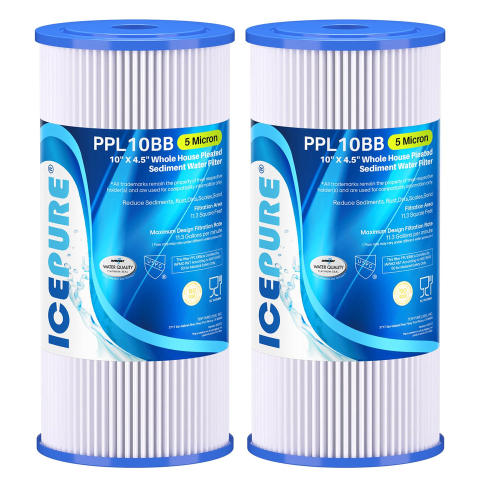 ICEPURE 5-micron pleated filter closeup highlighting sediment removal capability.
