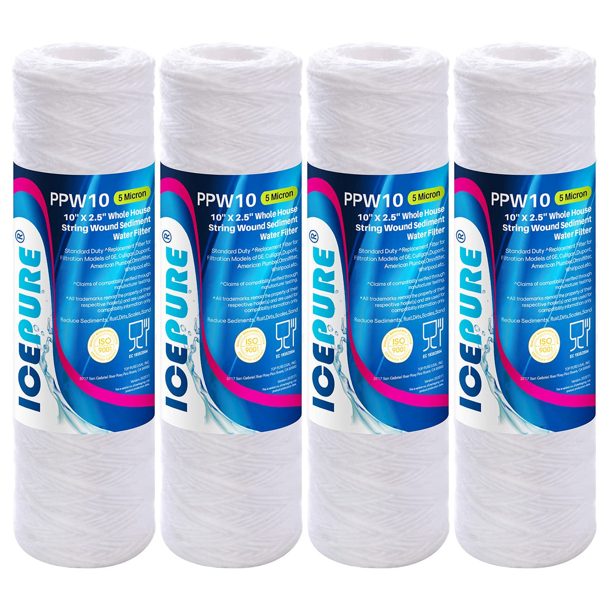 ICEPURE 5-micron sediment filter cartridge removes debris in a 10x2.5 inch housing.
