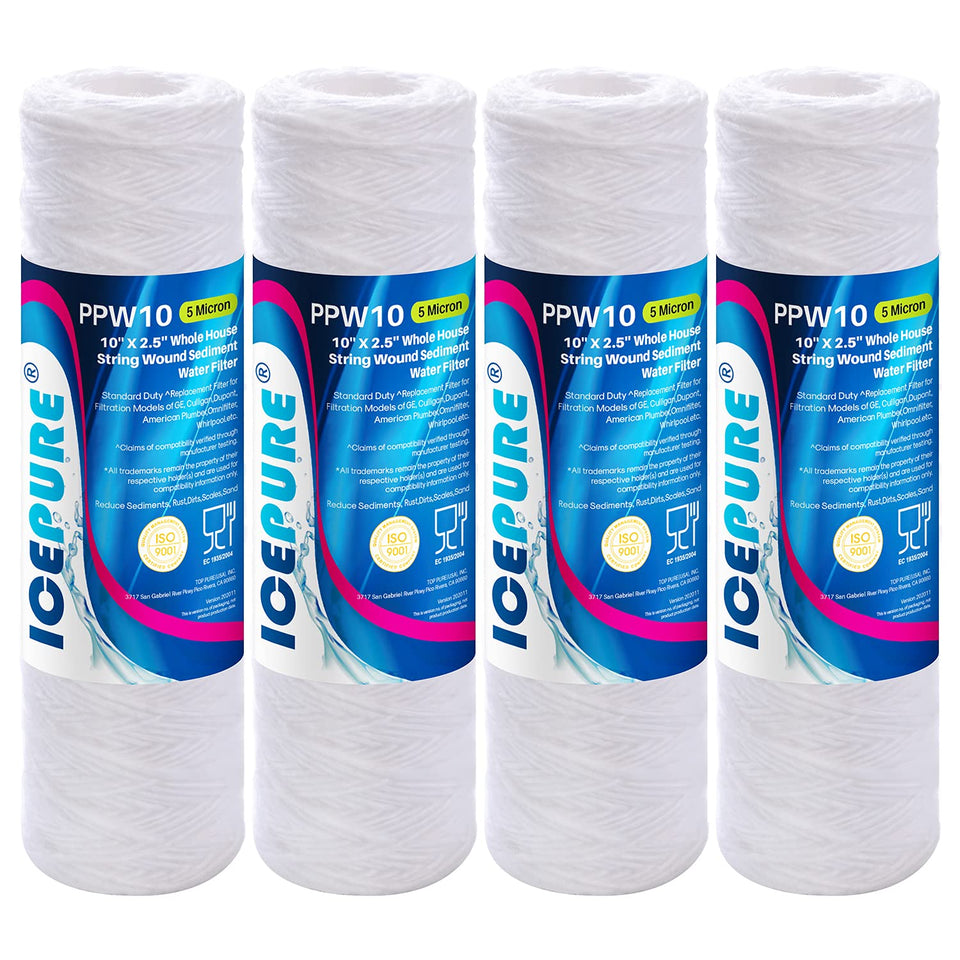 ICEPURE 5-micron sediment filter cartridge removes debris in a 10x2.5 inch housing.
